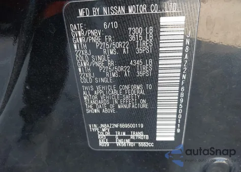 2011 Infiniti Qx56 z USA, uszkodzony, nr VIN JN8AZ2NF6B9500119